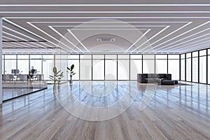 Contemporary white glass office and meeting room interior with wooden parquet flooring, panoramic windows and furniture. 3D