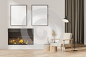 Contemporary white modern living room interior with fireplace, armchair. Two posters in a row template mockup on wall