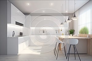 contemporary white modern nobody kitchen house luxury design apartment home interior. Generative AI.