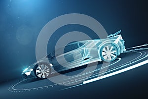 Contemporary wireframe sports car on  background with mock up place on wall. Racing and design concept. 3D Rendering