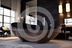 Contemporary Wood Bedroom with White and Black. AI