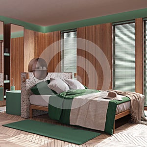 Contemporary wooden bedroom and bathroom in green and beige tones. Double bed, freestanding bathtub, parquet and wallpaper. Modern