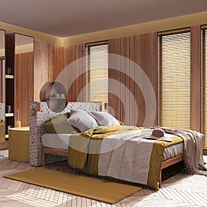 Contemporary wooden bedroom and bathroom in yellow and beige tones. Double bed, freestanding bathtub, parquet and wallpaper.