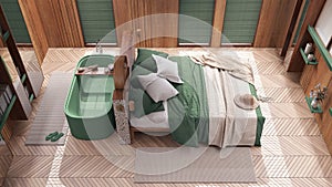 Contemporary wooden bedroom with bathtub in green and beige tones. Double bed, freestanding bathtub and parquet floor. Top view,