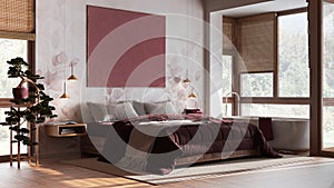 Contemporary wooden bedroom with bathtub in white and red tones. Double bed, freestanding bathtub, parquet and wallpaper. Japandi