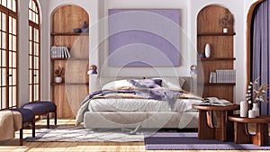 Contemporary wooden bedroom with parquet and arched windows. Double bed, carpets and armchairs in white and purple tones. Japandi