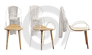 Contemporary wooden chair with white metal backrest and armrest. 3d render