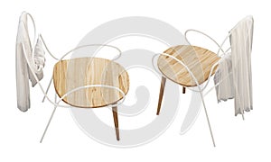 Contemporary wooden chair with white metal backrest and armrest. 3d render