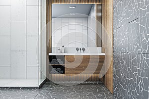 Contemporary wooden and concrete bathroom interior. Hotel interior designs concept.