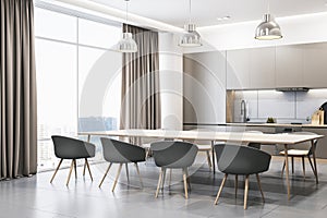 Contemporary and concrete kitchen interior with dining area, curtain, window and city view. Luxury designs concept. 3D
