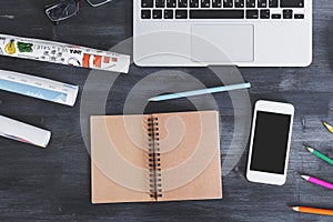 Contemporary wooden desktop with items