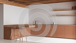 Contemporary wooden kitchen in white and orange tones. Island with cabinets and resin floor. Beams ceiling, japandi minimal