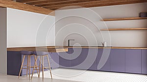 Contemporary wooden kitchen in white and purple tones. Island with cabinets and resin floor. Beams ceiling, japandi minimal