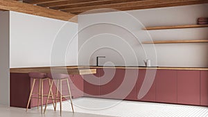 Contemporary wooden kitchen in white and red tones. Island with cabinets and resin floor. Beams ceiling, japandi minimal interior