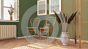 Contemporary wooden living room in green tones, lounge, waiting room with rattan chair and booth. Herringbone parquet floor,