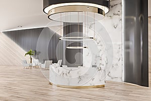 Contemporary wooden and marble office reception interior with desk and other objects. Waiting area concept.