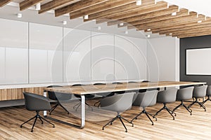 Contemporary wooden meeting room with billboard