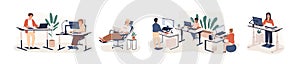 Contemporary workspace flat vector illustrations set. Working office employees sitting and standing behind ergonomic