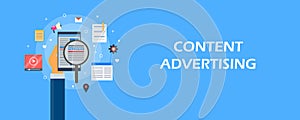 Content advertising and marketing - Businessman promoting content on social media, mobile content marketing concept. Flat banner.