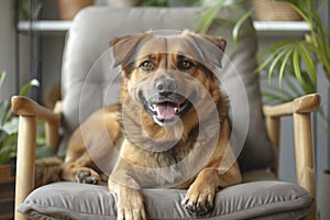 Content Brown Dog Lounging on a Modern Armchair