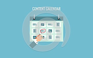 Content calendar- organizing content for social media, blogging, video publishing concept. Flat design vector banner.