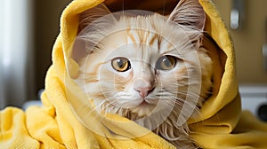 A content cat wrapped snugly in a towel post bath, against a sunny yellow backdrop