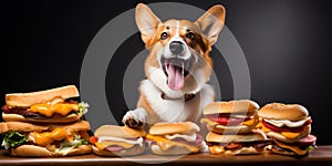 Content corgi dog beside a tempting plate of cheeseburgers. AI generative