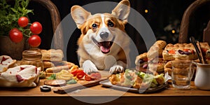 Content corgi dog beside a tempting plate of cheeseburgers. AI generative