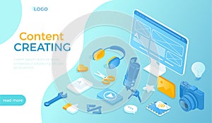Content creating Marketing strategy. Content management and planning, analysis and optimization. Isometric vector illustration