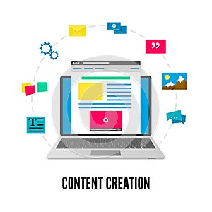 Content creation concept. Laptop with website on screen and elements of development. Social media and blogging. Vector