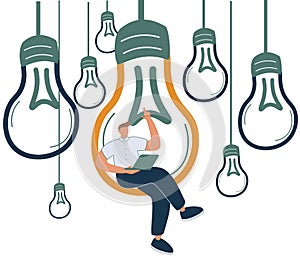 Content creation, creative person vector concept. Man sitting in lighbulb with laptop. Symbol of