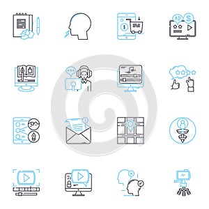 Content creation linear icons set. Creativity, Innovation, Authenticity, Storytelling, Copywriting, Editing, Format line