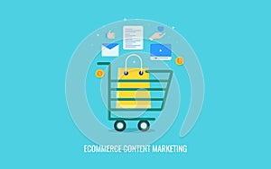 Content creation, publication, marketing for ecommerce website. Flat design vector banner.