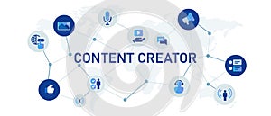 Content creator concept of video multimedia video blogger author icon set illustration