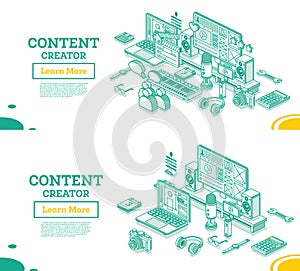 Content creator. Isometric Outline Concept. Blog or Vlog Content Strategy