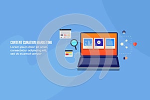 Content curation, digital content marketing and sharing on social media with audience, vector banner illustration.