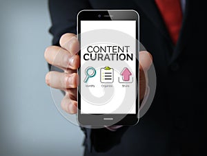 Content curation graphic on the screen businessman smartphone