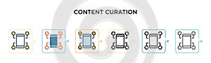 Content curation vector icon in 6 different modern styles. Black, two colored content curation icons designed in filled, outline,