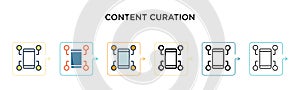 Content curation vector icon in 6 different modern styles. Black, two colored content curation icons designed in filled, outline, photo