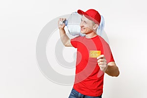 Content delivery courier or dealer man in red uniform carrying bottle of fresh water to office cooler isolated on white