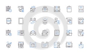 Content delivery line icons collection. Streaming, Upload, Download, Distribution, Buffering, Webcast, Embed vector and