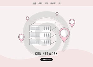 Content delivery network - CDN concept. Geographically distributed data centers, network of proxy servers. Linear