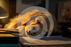 Content dog drifts off to sleep after an intense study session