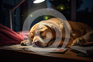 Content dog drifts off to sleep after an intense study session