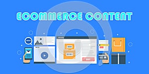 Content for e-commerce website, content marketing, e-commerce seo marketing concept. Flat design vector banner.