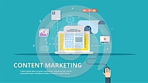 Content Management, SMM and Blogging concept in flat design. Creating, marketing and sharing of digital - vector