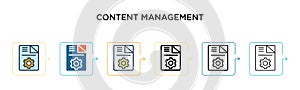 Content management vector icon in 6 different modern styles. Black, two colored content management icons designed in filled,