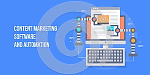 Content marketing automation, marketing software, robot hand working on content concept. Flat design vector banner.