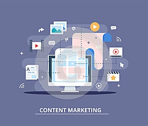 Content Marketing, Blogging and SMM concept in flat design. The blog page fill out with content. articles and media