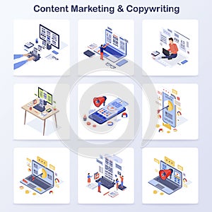 Content marketing & copywriting isometric concept vector icons set. Engaging content creating, media audience attraction. Online